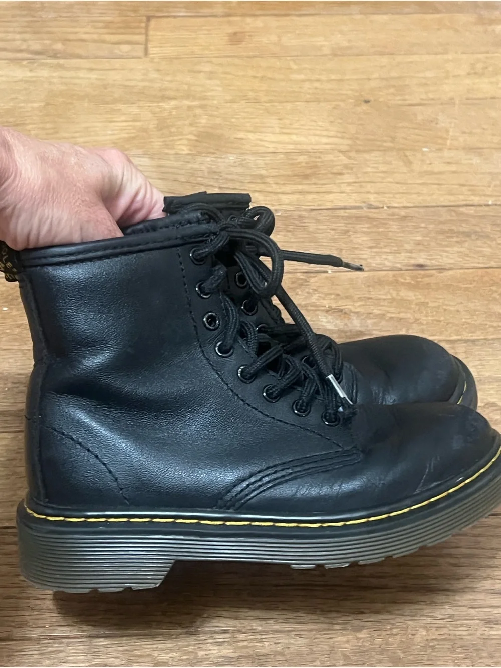 Dr. Martens Black Lace-Up kids Combat Boots with Yellow Stitching